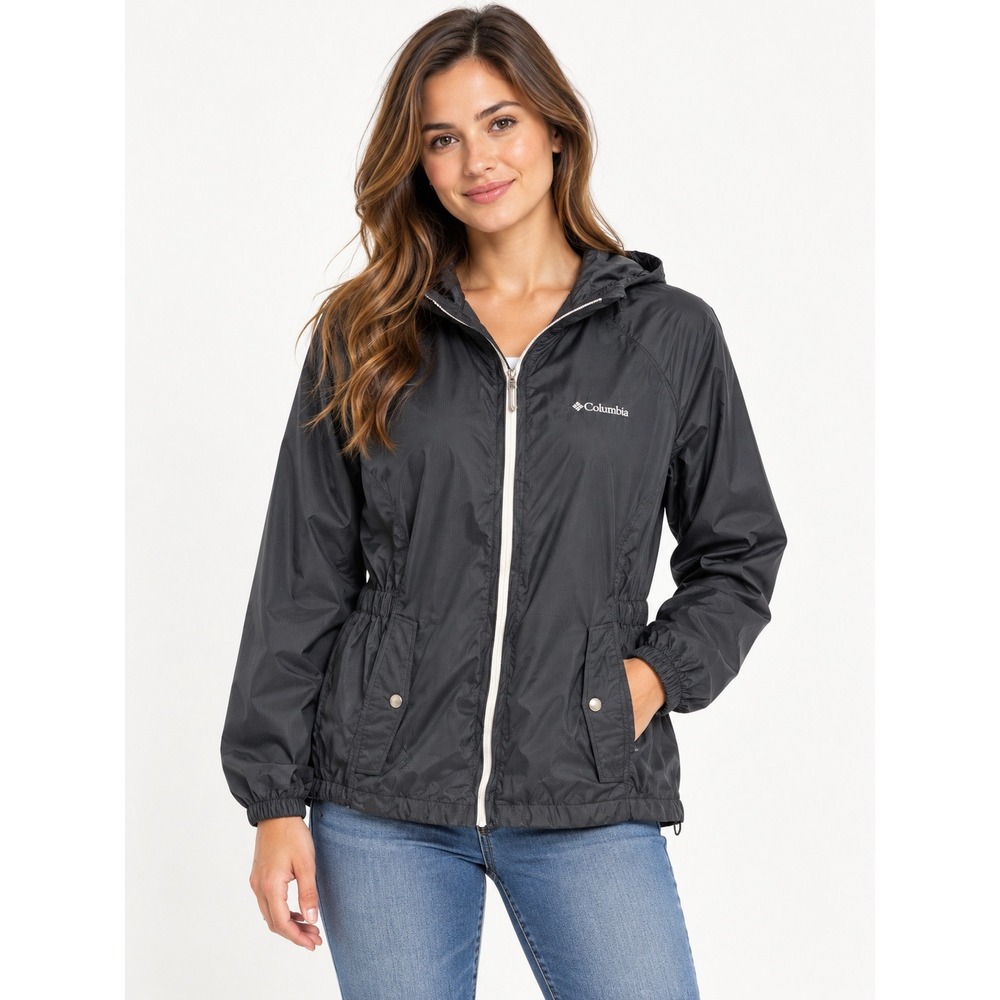 Columbia Women's Black Hooded Windbreaker Jacket L Full Zip Drawcord Hem Pockets